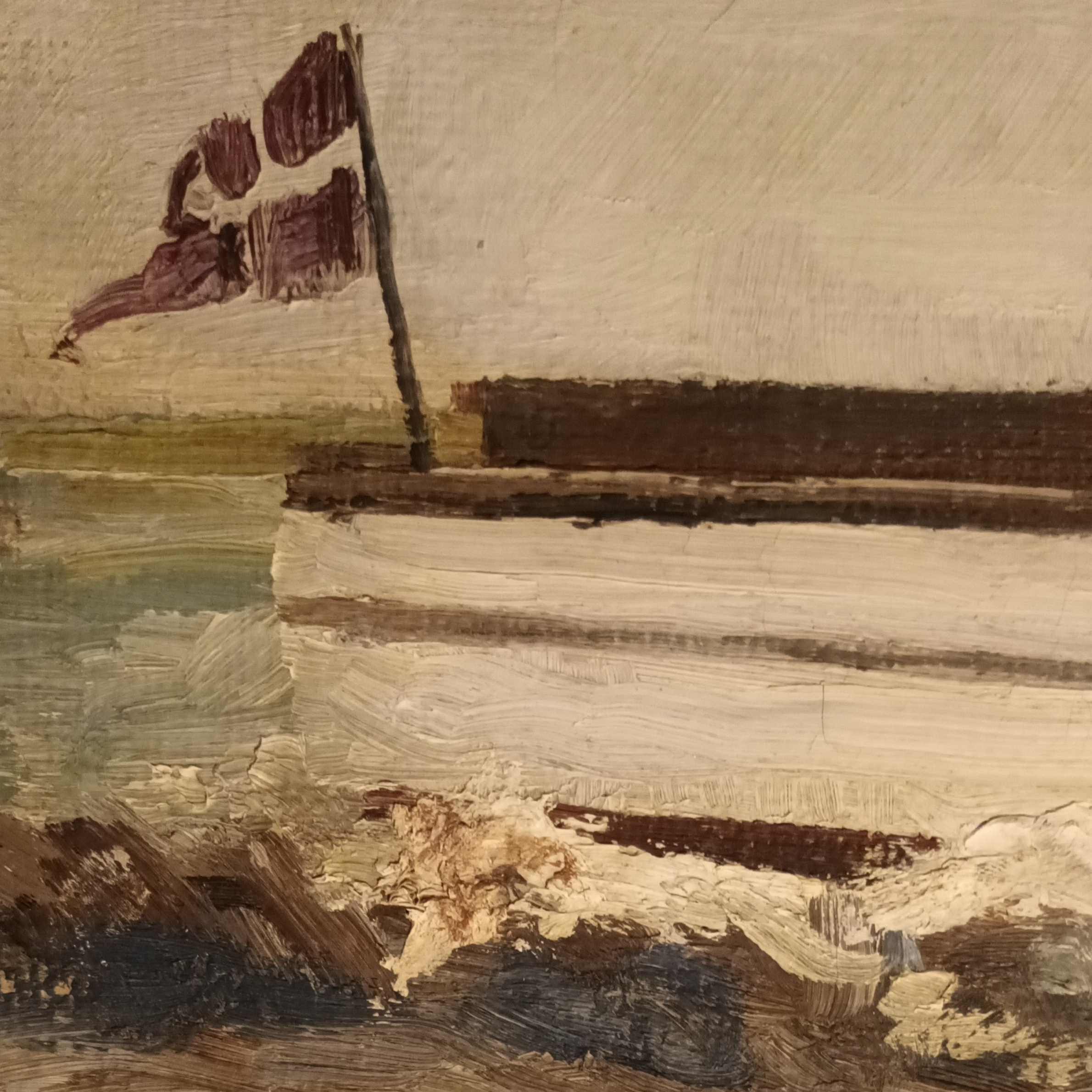 Eine Malerei eines Schiffes auf Wasser.